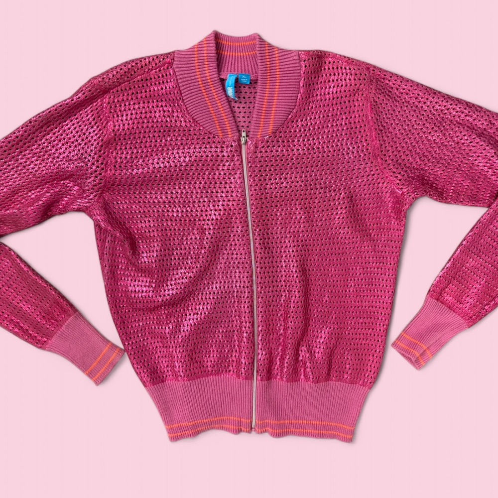 L’AMOUR Pink Metallic Mesh Zip Front Bomber Jacket Women’s XL Y2K Retro Shine
